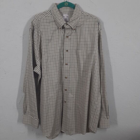 Brooks Brothers Adult Mens L Beige Windowpane Plaid Long Sleeve Button Up Shirt - Picture 1 of 8
